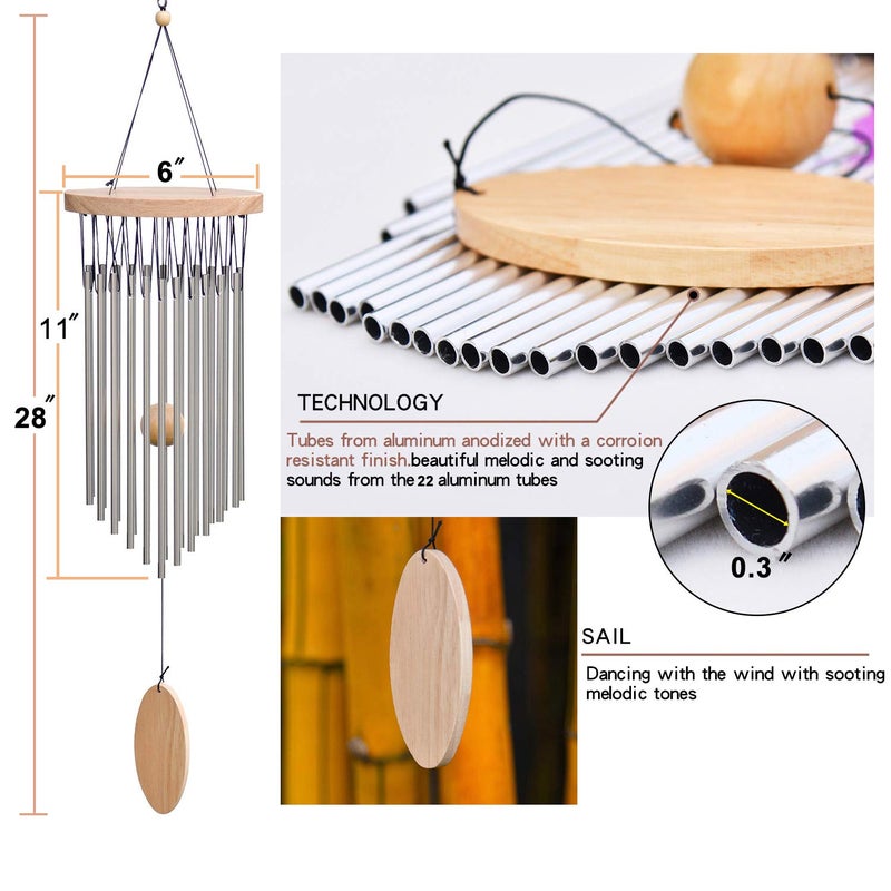 SuninYo Wind Chimes Outdoor,22 Tubes Wind Chimes with S Hook,a Quality Gift for Garden, Patio, Balcony and Indoor Decor, Silver - Image 2